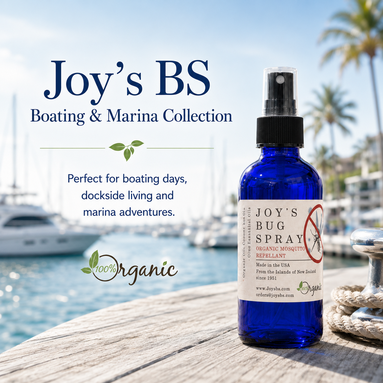 Joy's BS organic bug spray bottle at a marina at sunset — perfect for boating and outdoor Southern California living