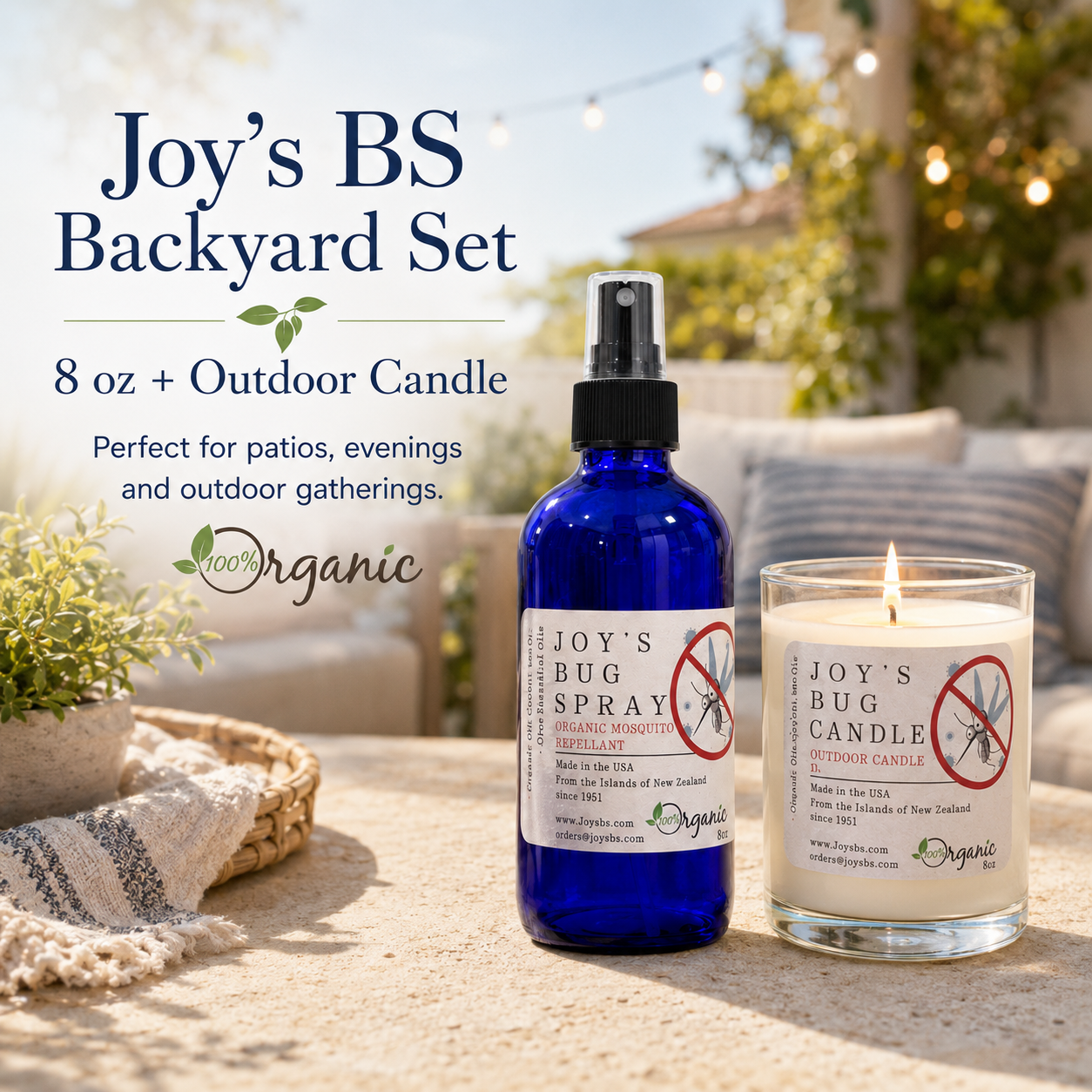 Joy's BS Backyard Set — 8 oz glass bottle and outdoor candle
