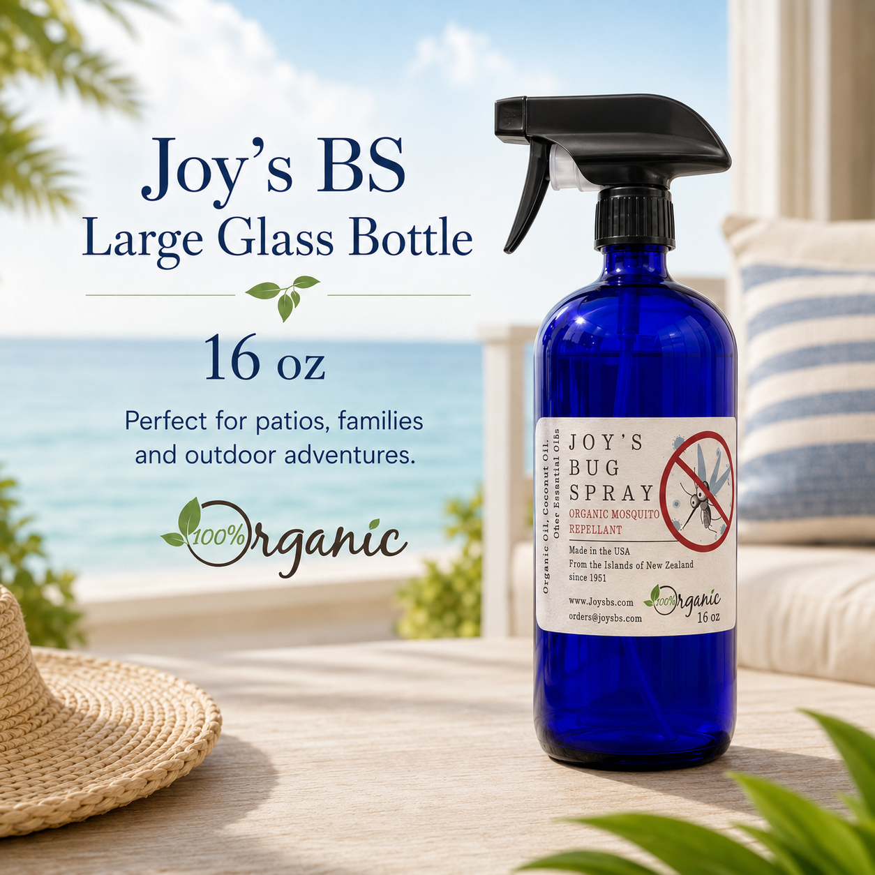 Joy's BS 16 oz organic essential-oil spray in a premium large glass bottle