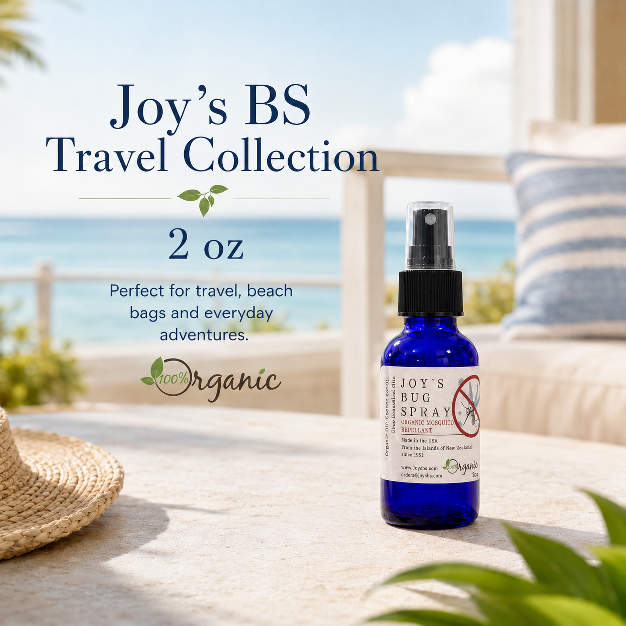 Joy's BS 2 oz TSA-friendly organic essential-oil spray in a premium glass travel bottle