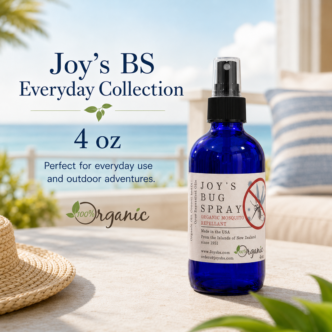 Joy's BS 4 oz organic essential-oil spray in a premium everyday glass bottle