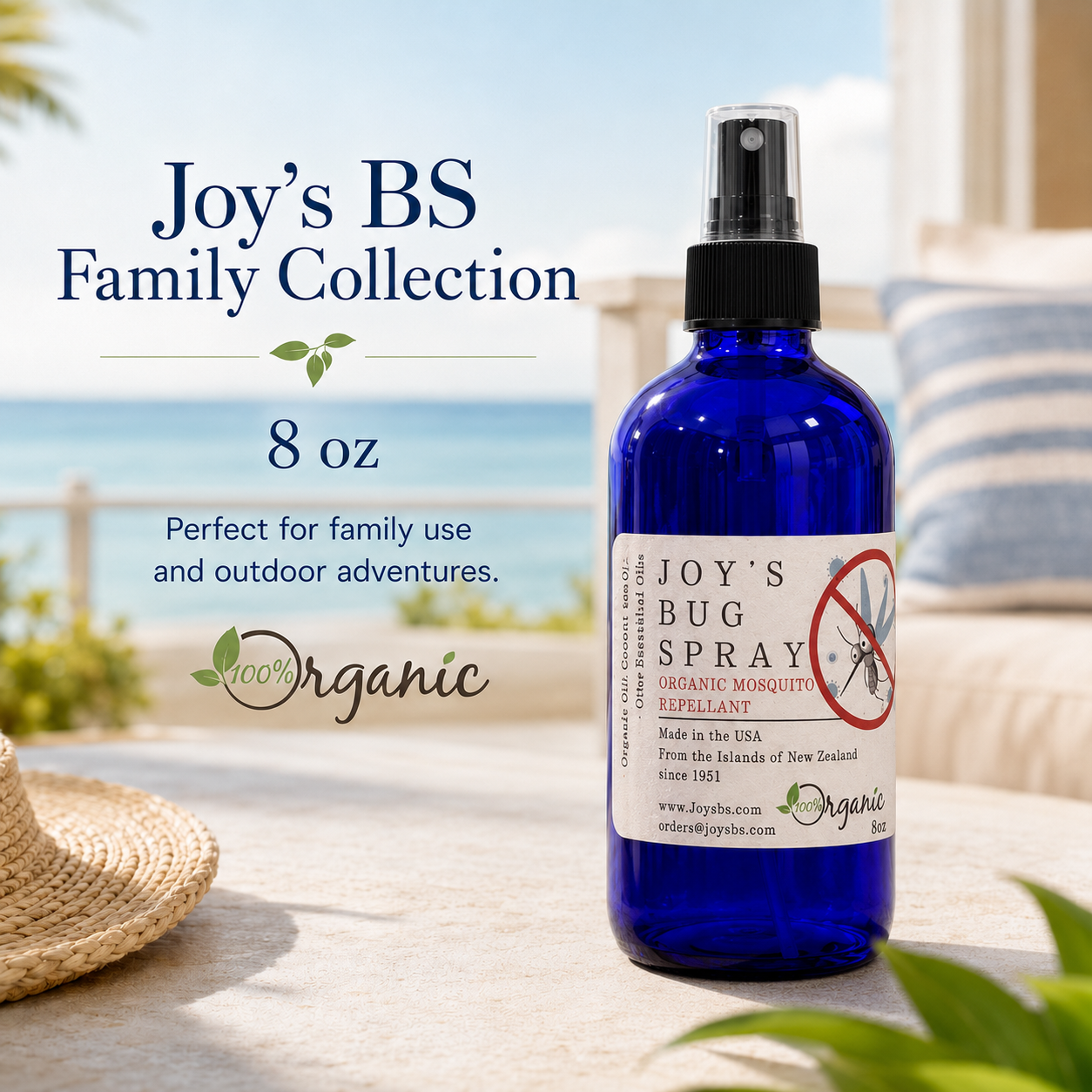 Joy's BS 8 oz organic essential-oil spray in a premium family-size glass bottle