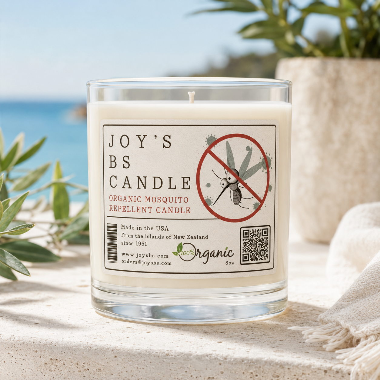 Joy's BS outdoor candle for patios, gardens, and outdoor gatherings